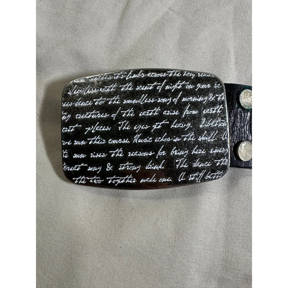 Express Mens Genuine Leather Belt Script Engraved Plaque Buckle Black Distressed